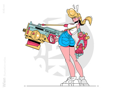 Girl with gun illustration cartoon character flat girl gun illustration kit8 line linear vector warrior weapon woman