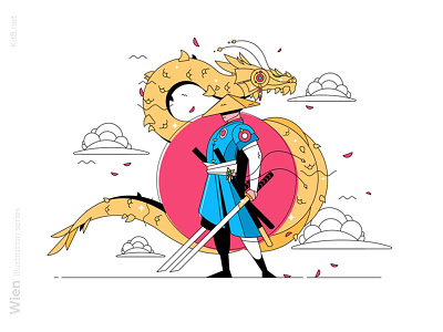 Samurai and dragon illustration character dragon flat illustration japan katana kit8 line linear man samurai sword vector worrior