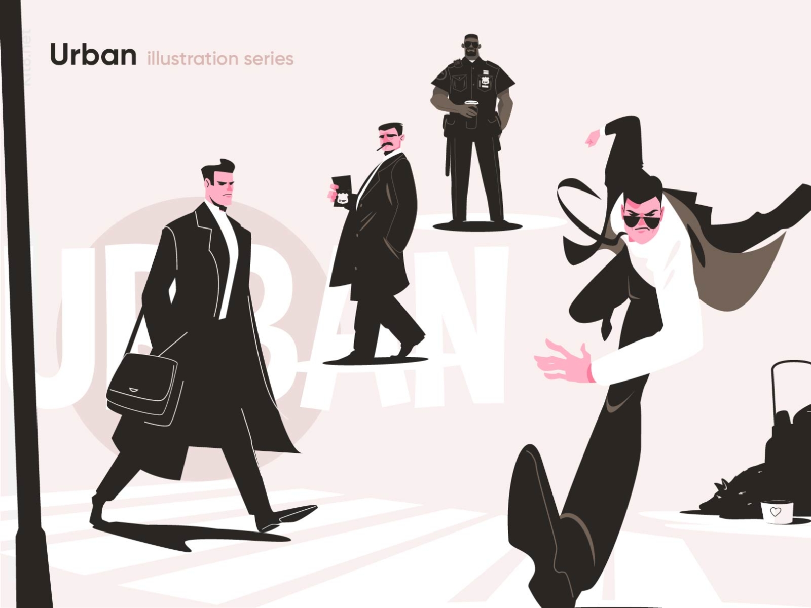 URBAN illustration series afroamerican black business businessman character detective flat girl homeless illustration kit8 life man police run urban vector woman