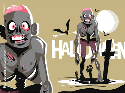 Walking zombie character illustration brain character dead flat halloween illustration kit8 man night scary skeleton smile vector walking zombie
