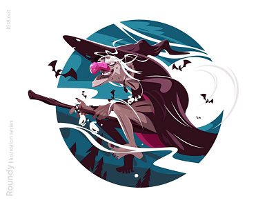 Witch flying on broomstick illustration baba yega broomstick character flat fly hallowing illustration kit8 night scary vector woman
