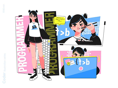 Girl programmer illustration app character chinese code coder eat flat food girl illustration keydoard kit8 programming vector woman young