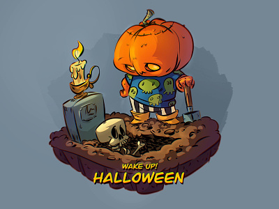 Wake up! Halloween boy candle death dig grave halloween illustration kit8 night pumpkin shovel skeleton skull