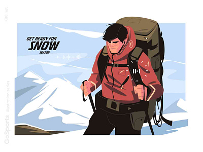 Hiking illustration backpack character flat hike hiking illustration kit8 man mountains snow vector