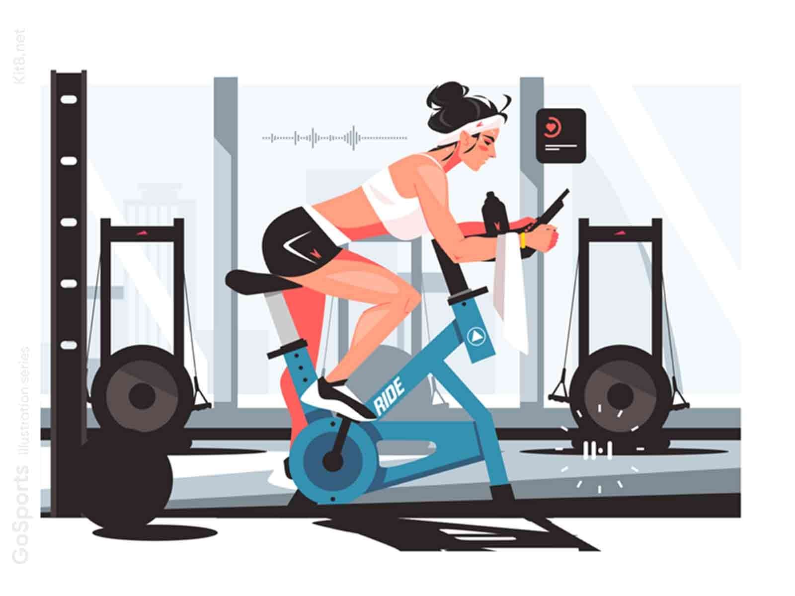 Indoor cycling illustration character cycle fitness flat girl gym illustration kit8 sport sysling vector woman