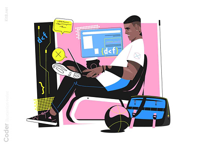 Afro man programming illustration app character code coder decelopment flat illustration kit8 learn man programming vector
