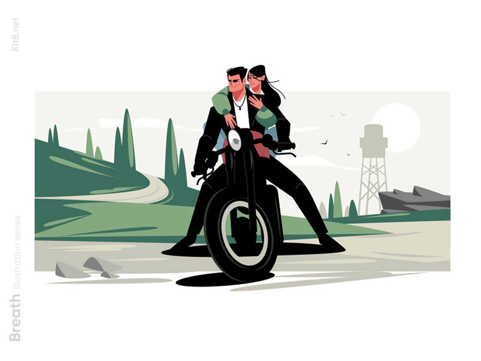 Biker with girlfriend sitting on bike illustration bike biker character couple flat girl illustration kit8 man road sitting vector