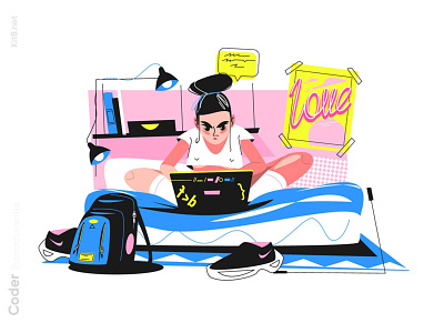 Concentrated girl on online class illustration character concentrated flat girl illustration kit8 laptop remote study vector