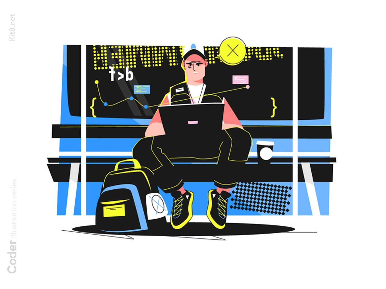 Guy programming on a laptop illustration character flat illustration kit8 laptop man programming subway technology vector