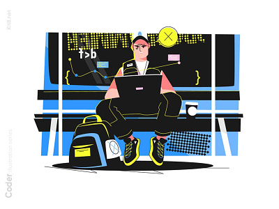 Guy programming on a laptop illustration character flat illustration kit8 laptop man programming subway technology vector
