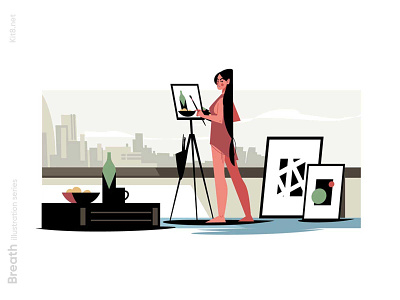 Woman artist painting picture illustration artist character flat girl illustration kit8 painting picture studio vector