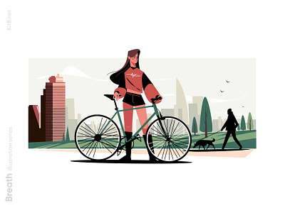 Woman pose with bike in city park illustration