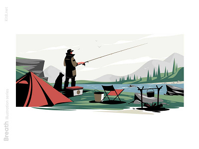 Man fishing on lake with dog illustration