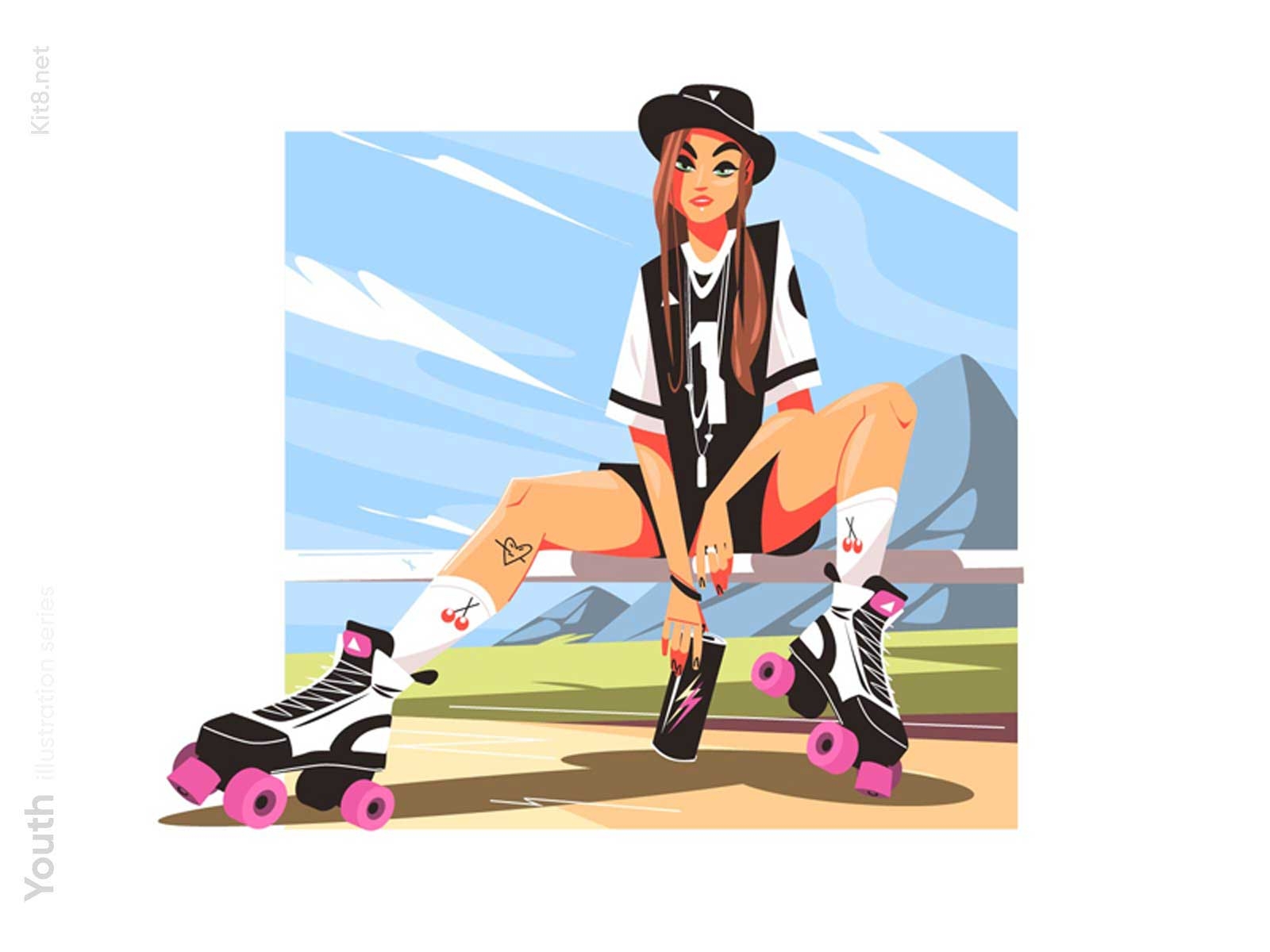 Teenage girl on roller skates illustration character flat girl illustration kit8 roller skates teenage vector