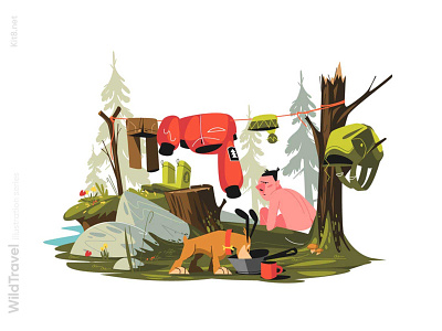 Tourist with dog drying wet clothes illustration