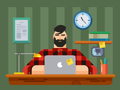 Man at a Desk with Laptop character face flat illustration kit8 lamp laptop man table vector