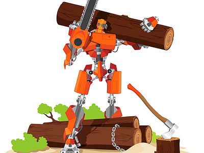 Robot Woodcutter axe character full illustration kit8 metal robot saw steel vector wood woodcutter
