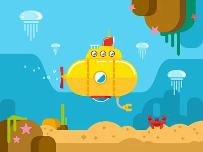 Submarine illustration cartoon flat illustration jellyfish kit8 periscope sea submarine under vector water yellow