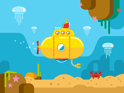 Submarine illustration cartoon flat illustration jellyfish kit8 periscope sea submarine under vector water yellow