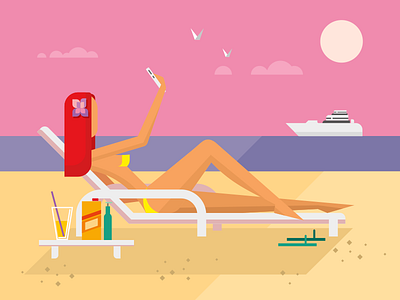 Sunbathing Girl on the Beach flat illustration kit8 launch start planet retro rocket selfie space stars startup vector