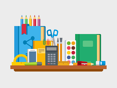 School, education items on table book education flat illustration kit8 pencil school vector