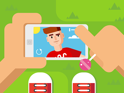 Guy makes selfie on smart phone character face flat guy hand illustration kit8 phone photo selfie selfy vector