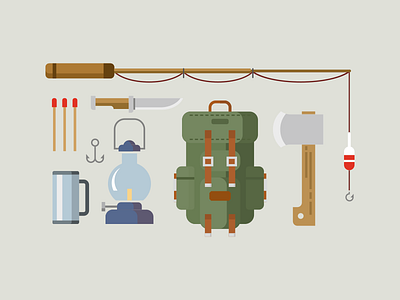 Fishing Items backpack camping fishing flat hunting icons items kit8 lantern matches set vector