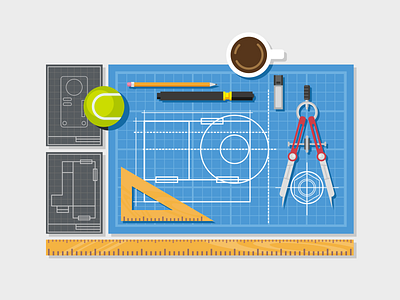 Blueprint with ruler and compass blueprint compass flat illustration kit8 ruler vector