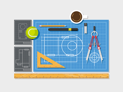 Blueprint with ruler and compass