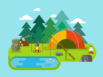 Outdoor Recreation, camping camping fishing flat holiday hunting illustration kit8 nature outdoor travel vector vocation