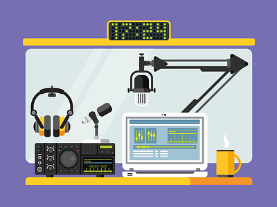Radio station studio broadcast controle flat illustration kit8 laptop microphone radio station studio vector workplace