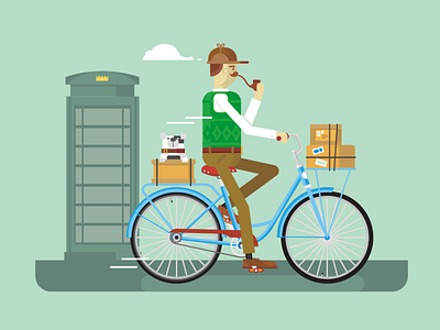Postman on a bicycle bicycle character dog england flat illustration kit8 man post retro vector vintage