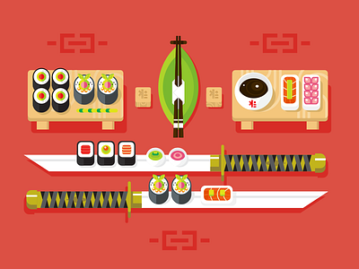 Japanese cuisine, sushi flat illustration japan japanese cuisine katana kit8 roll row set sushi sword vector