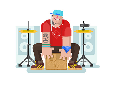 Drummer play on cajon cajon character drum flat illustration kit8 music perfomance play speakers vector