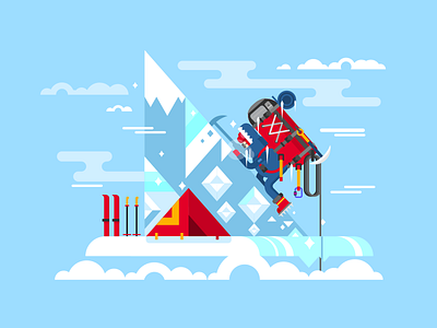 Climber conquers the summit backpack character climber flat illustration kit8 man mountain rock ski summit vector