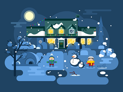 Winter night children christmas flat illustration kit8 landscape night snow vector