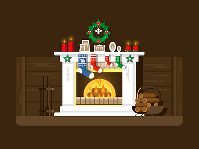 Christmas fireplace candles christmas fireplace flat vector illustration kit8 new year present socks