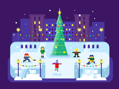 Skating rink Christmas tree christmas city flat holiday illustration kit8 new year rink skating tree vector winter