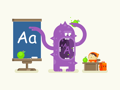 Monster teaches alphabet flat illustration kid kit8 lesson monster school teach vector