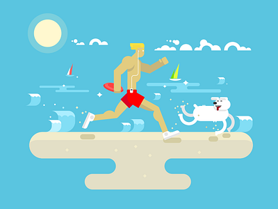 Morning jog beach character dog flat illustration jog kit8 man morning ocean run vector