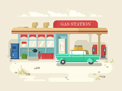 Gas station car desert flat gas gasoline illustration kit8 road station travel vector