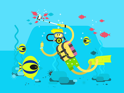 Diver character diver diving fish flat illustration kit8 selfie underwater vector