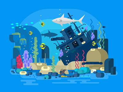 Sunken ship under water fish flat illustration kit8 ship sunken vector water