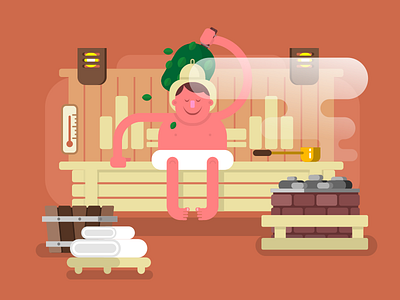 Man in sauna steam actor character flat illustration kit8 man sauna steam
