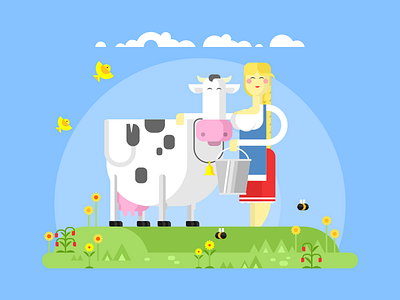 Milkmaid and cow birds cow farm flat illustration kit8 milkmaid vector