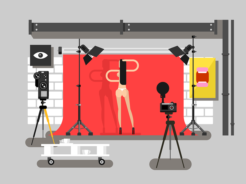 Photoshoot flat illustration kit8 nude photo session shoot studio vector woman