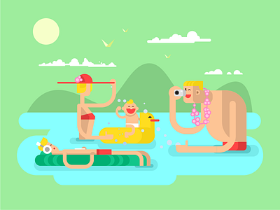Family on vacation family flat illustration kit8 lake mountains river vector vocation