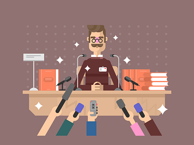Press conference book character conference flat illustration kit8 man microphone presentation press table vector