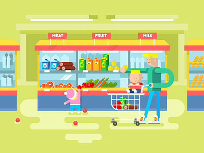Supermarket basket child family father flat food illustration kid kit8 showcase vector