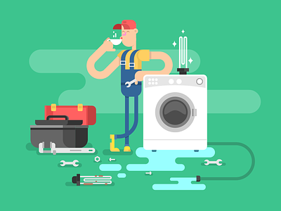 Washing machine repair broken character flat illustration kit kit8 man repair tool vector washing machine